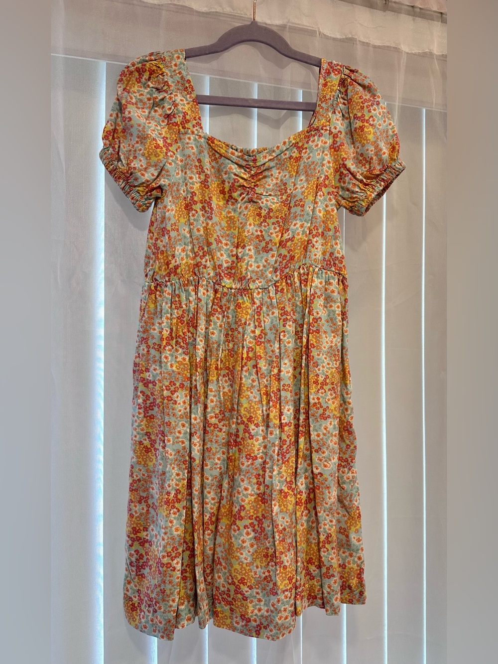 Roxy Yellow & Blue Floral Puff-Sleeve Midi Dress - Size Small (7/8)